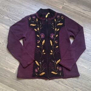 Alpaca Fashion |Made in Peru Purple Floral Embroidered Zip Up Sweater Size Large